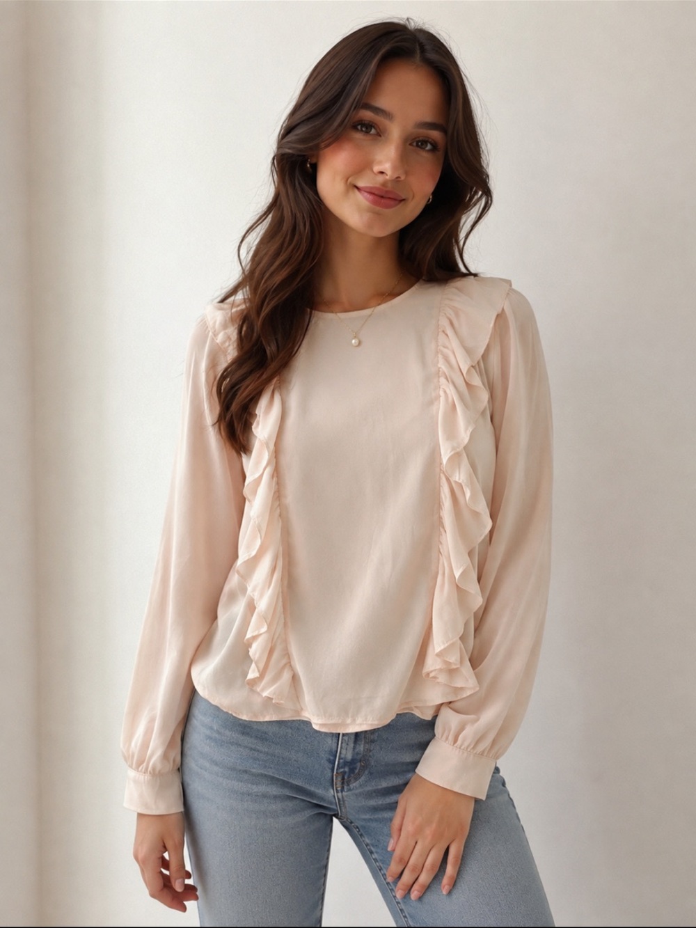 Ruffle-Trim Blush Long-Sleeve Blouse